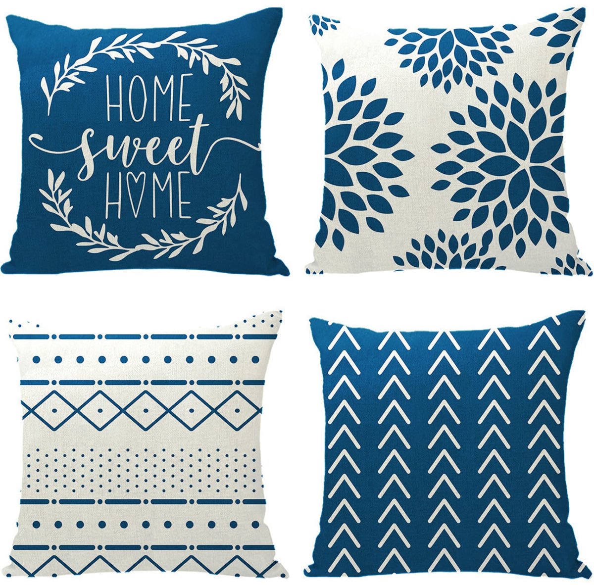 Set van 4 kussenslopen 60 x 60 cm (23,6 x 23,6 inch) linnen kussensloop vierkante bank kussensloop, slaapkamer indoor outdoor kussenhoes voor woondecoratie gunst met onzichtbare rits (blauwe geometrie