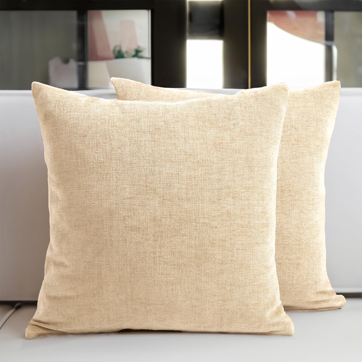 Chenille kussenhoezen set van 2 | Natuurlijk - (45 x 45 cm) | Decoratieve vierkante kussenslopen met accent voor bank, woondecoratie, bank