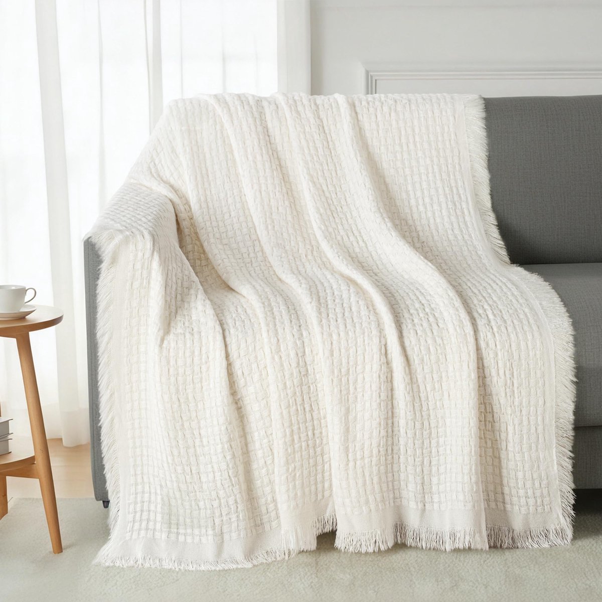 Mezcla Gebreide Plaid Dekbed met Franjes voor Bank, Reversibele Boho Deken, Geruit, UltraZacht, Licht en Warm voor Bed en Bank, 130x150 cm, Ivoire