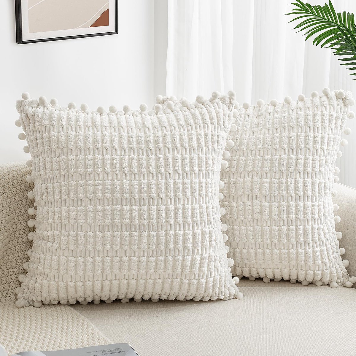 Set van 2 kussenslopen voor de zetel, Corduroy, buitengebruik, Boho, decoratief, modern, voor zetel, slaapkamer, auto, 45 x 45 cm, crèmekleurig