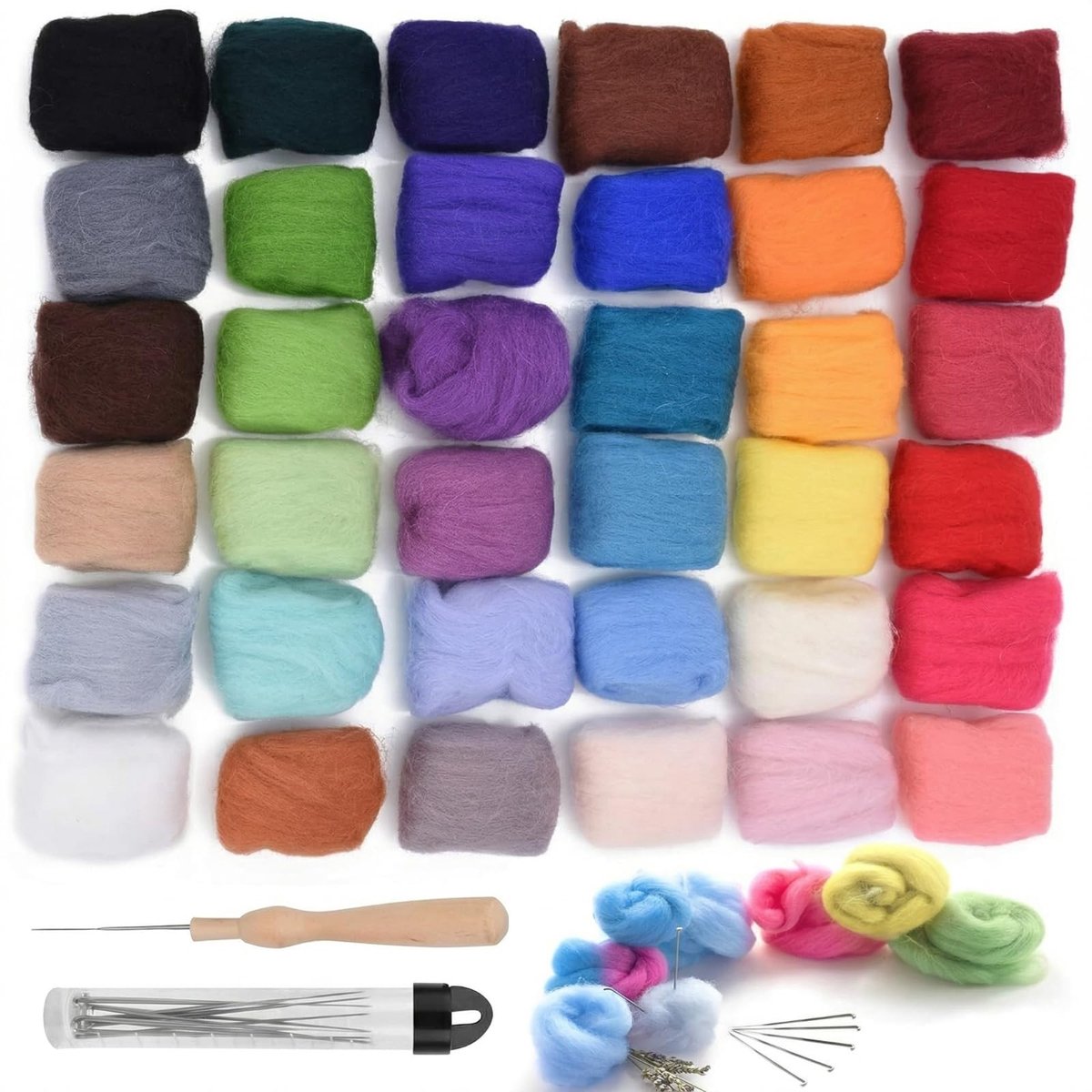 36 kleuren Viltwol, sprookjeswol, roving, filzen, naaldfilzen, startersset voor nat- en droogvilten, DIY, handwerk, decoratie