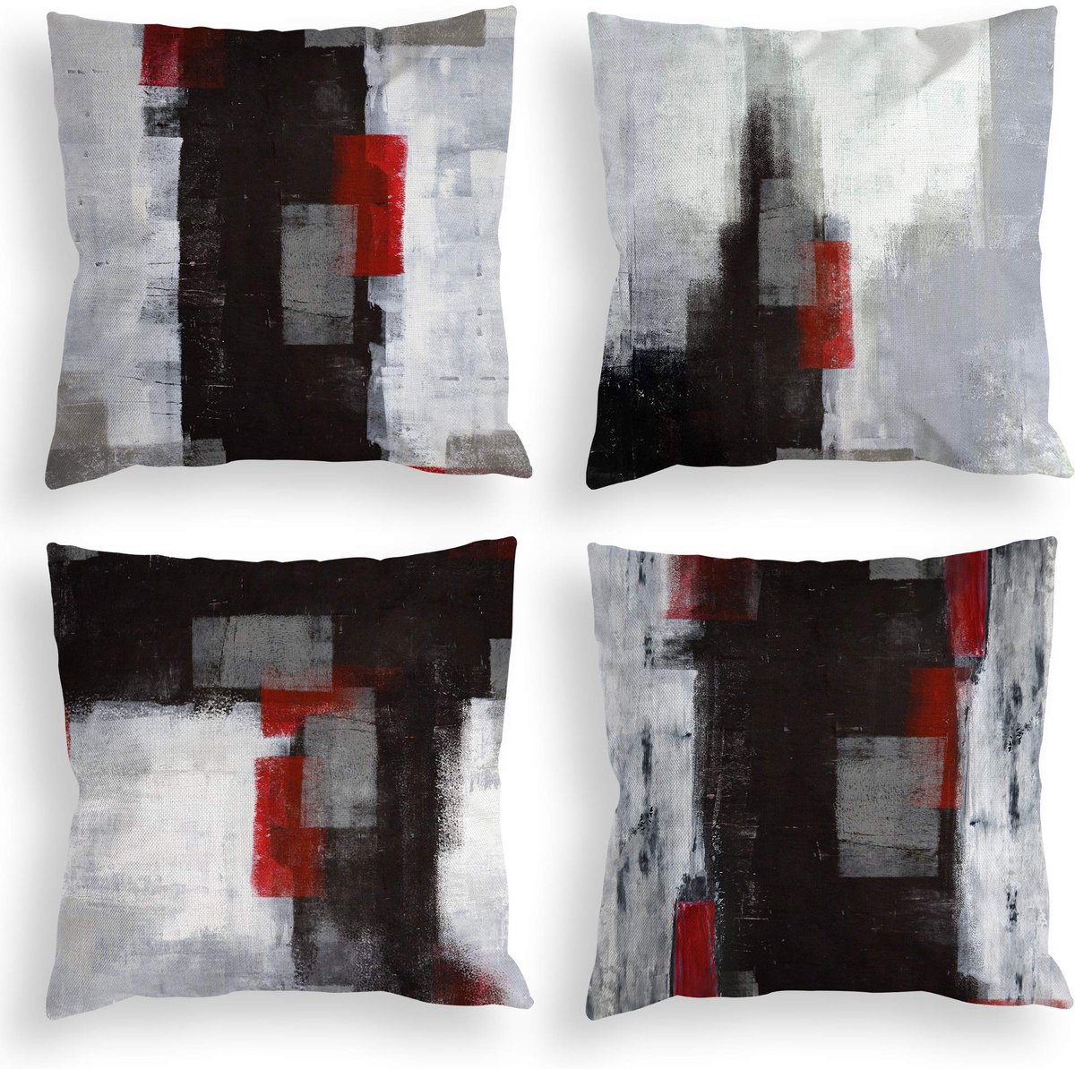Sierkussenslopen in rood en zwart, set van 4 stuks, decoratieve kussenhoezen, grijs, abstracte kunst, schilderij, kussensloop voor bank, slaapkamer, woonkamerdecoratie