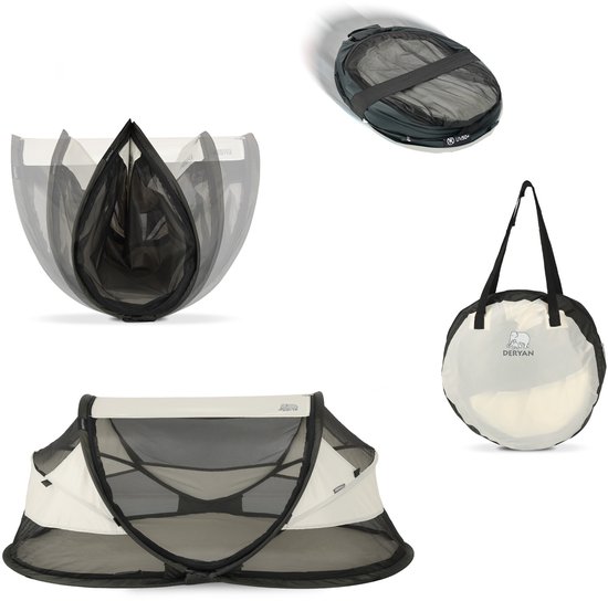 Opvouwen, draagtas en Deryan Baby Luxe campingbedje. Het bedje is crème met zwart gaas.