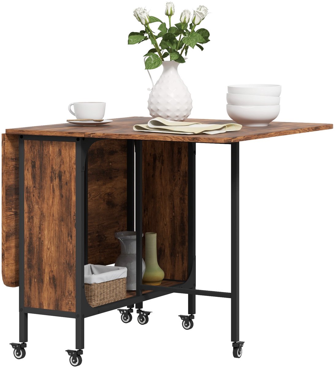 Uitklapbare Eettafel met Wielen & Opbergruimte – Mobiele Klaptafel voor Kleine Ruimtes, Bruin Houtlook, 80x30-130 cm