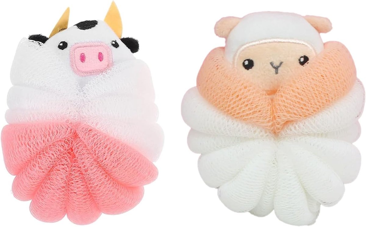2 stuks cartoon-badsponsen, zachte scrub-badspons voor mannen en vrouwen - badaccessoires met netstructuur dierenbad-luffa (lam en kalf)