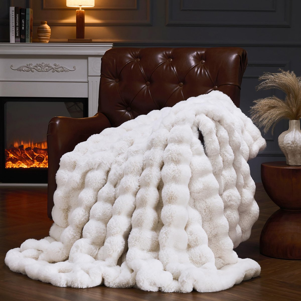 Deken van imitatiekonijnenbont, pluizige zachte pluche bellendeken 150 x 130 cm, luxe warme omkeerbare decoratieve deken voor bed, bank, fauteuils (beige)