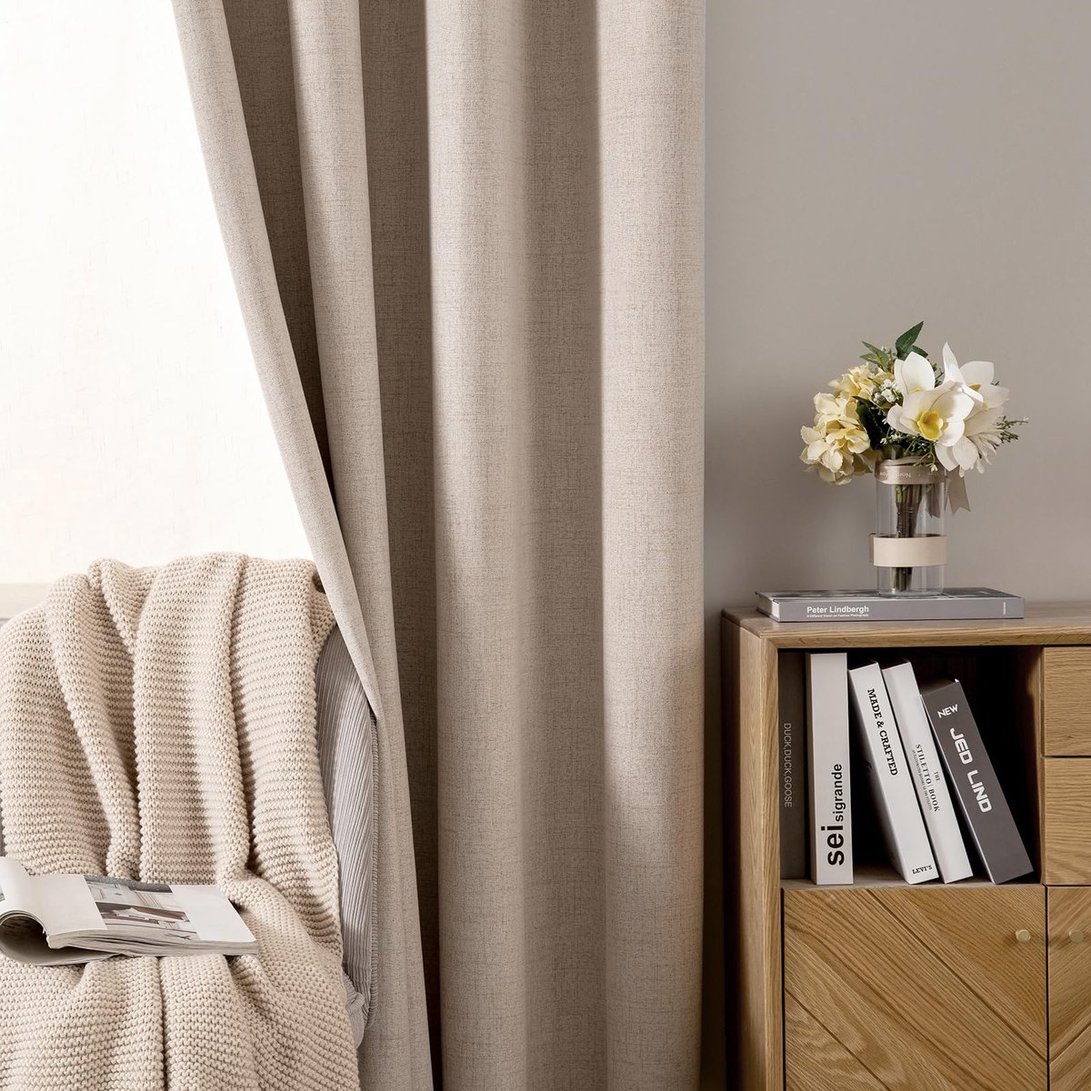 Ondoorzichtige gordijnen, warmte-isolerende gordijnen met ringen, 100% ondoorzichtig, linnen stijl, gordijnen voor woonkamer, koudebescherming, verduisteringsgordijn, set van 2, 140 x 215 cm,