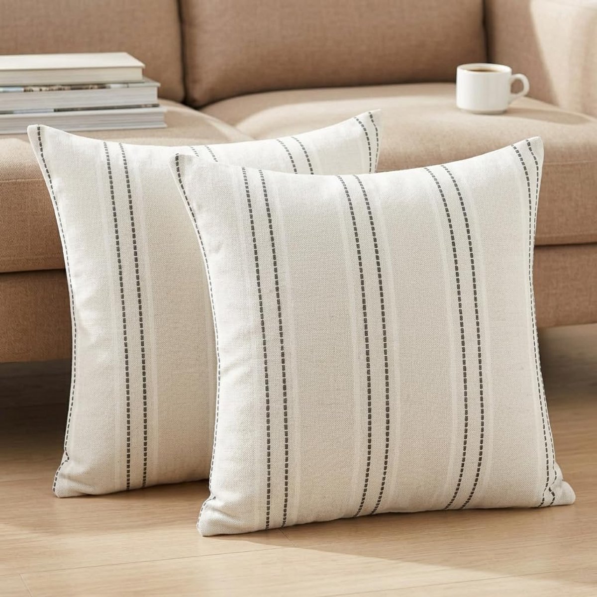 Set van 2 gestreepte kussenslopen, grijs, boho, getextureerd, vierkant, katoen en linnen, kussensloop voor bank, bed, woonkamer, boerderij, decoratie, 45 x 45 cm