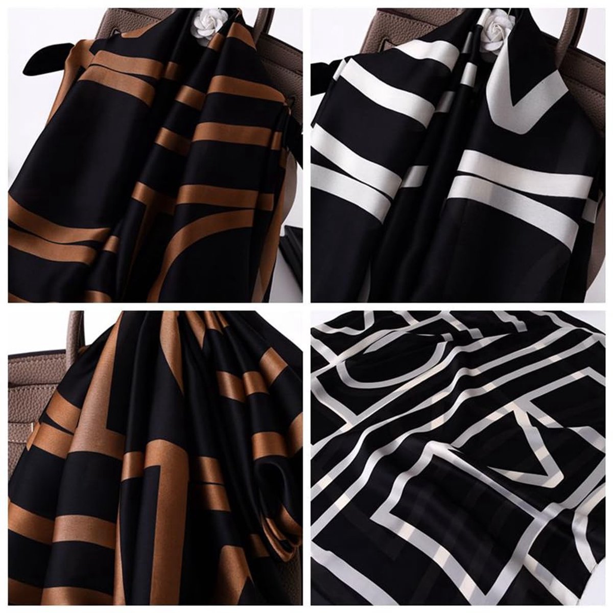 sjaal dames mode dun imitatie damessjaal satijn halsdoeken elegante zakelijke zijden doeken zachte lichte sjaal stola strandlaken zomersjaal voor vrouwen 90 × 180 cm zwart + goud