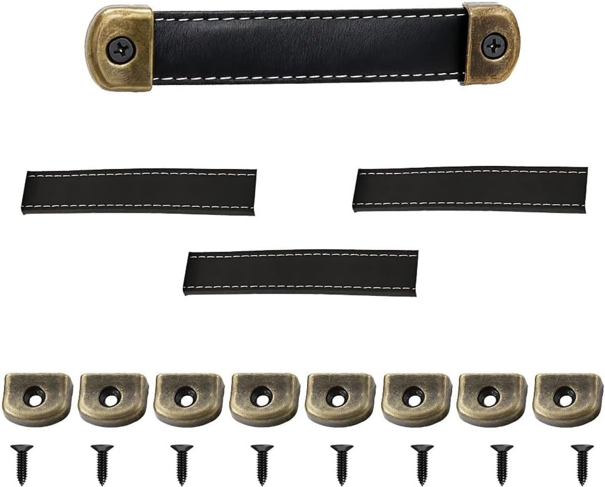 Set van 4 Leren Meubelhandgrepen, 14.2cm Deurhandgrepen voor Keukenkasten en Ladefronten, Inclusief Montagebouten (Zwart, Faux Leren)
