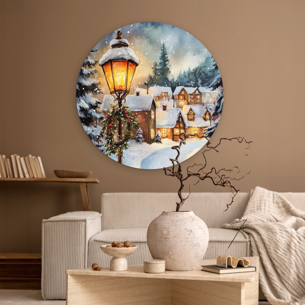 ® Wandcirkel 90x90 cm - Muurcirkel Kerstdorp - Huizen - Sneeuw - Kerst - Muurdecoratie woonkamer - Wanddecoratie slaapkamer - Kamer decoratie accessoires - Ronde schilderijen – foto 2