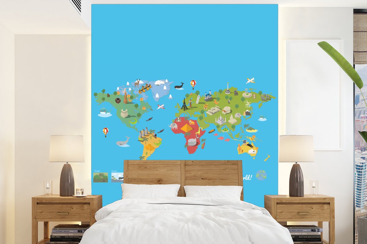 Behang - Fotobehang Wereldkaart Kinderen - Modern - Symbolen - Breedte 165 cm x hoogte 220 cm