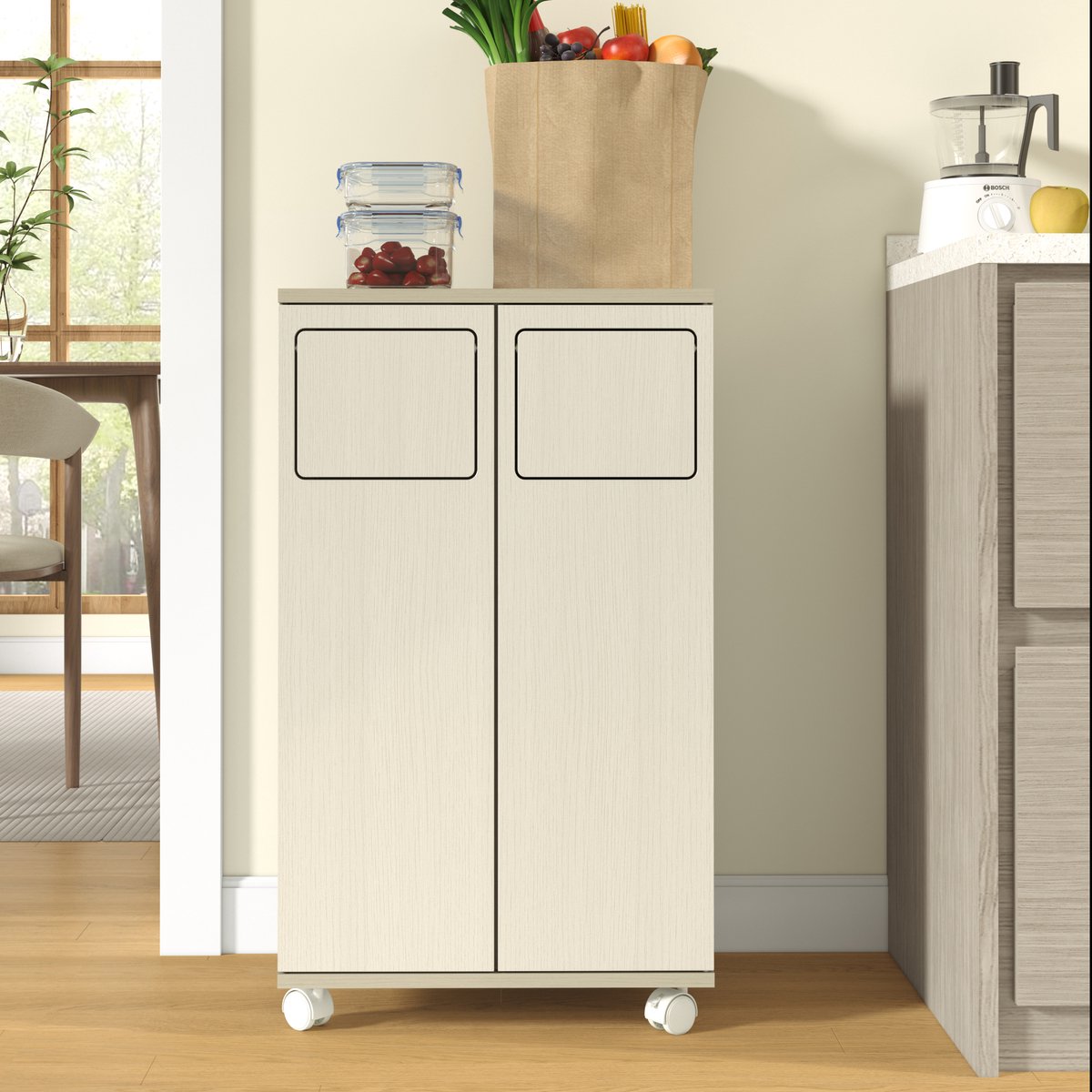 Clruro Afvalkast - 46.7 × 35 × 80 cm - 2-Vaks met 2 Deuren en Witte Wielen - Licht Houtlook