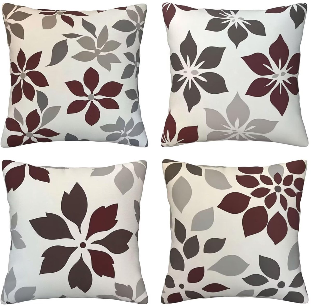 Set van 4 kussenslopen, sierkussenhoezen, rode en grijze print, 65 x 65 cm, behaaglijk, kussenhoes met onzichtbare ritssluiting, zacht, wollig, bankkussen, wasbaar, voor terras en woonkamer, decoratie