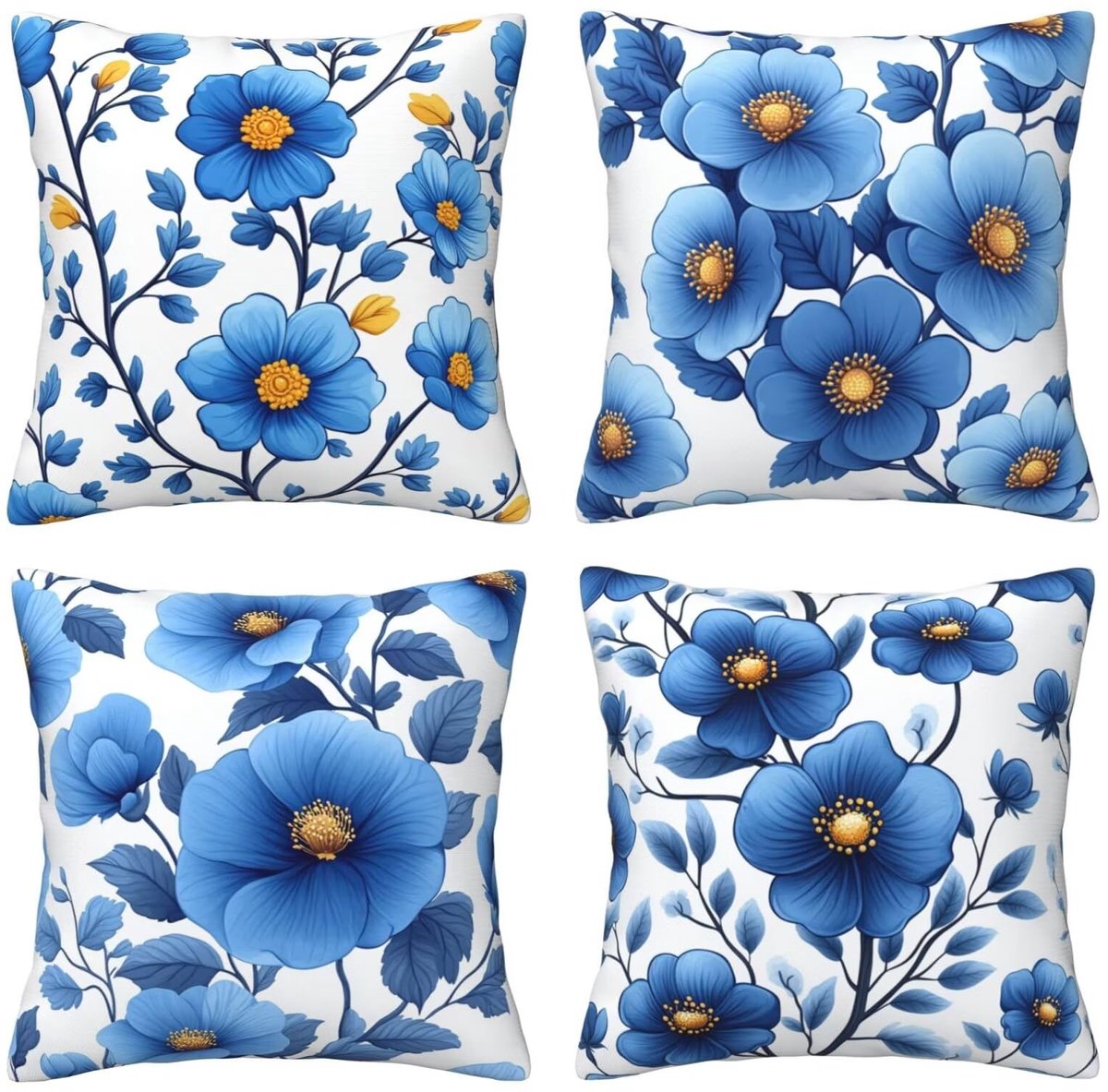 Kussenhoezen, 65 x 65 cm, blauwe bloemen, 4 stuks, vierkant, fluweel, zacht en ademend, decoratieve kussenhoes met verborgen ritssluiting, voor slaapkamer en woonkamer, bank, E8150