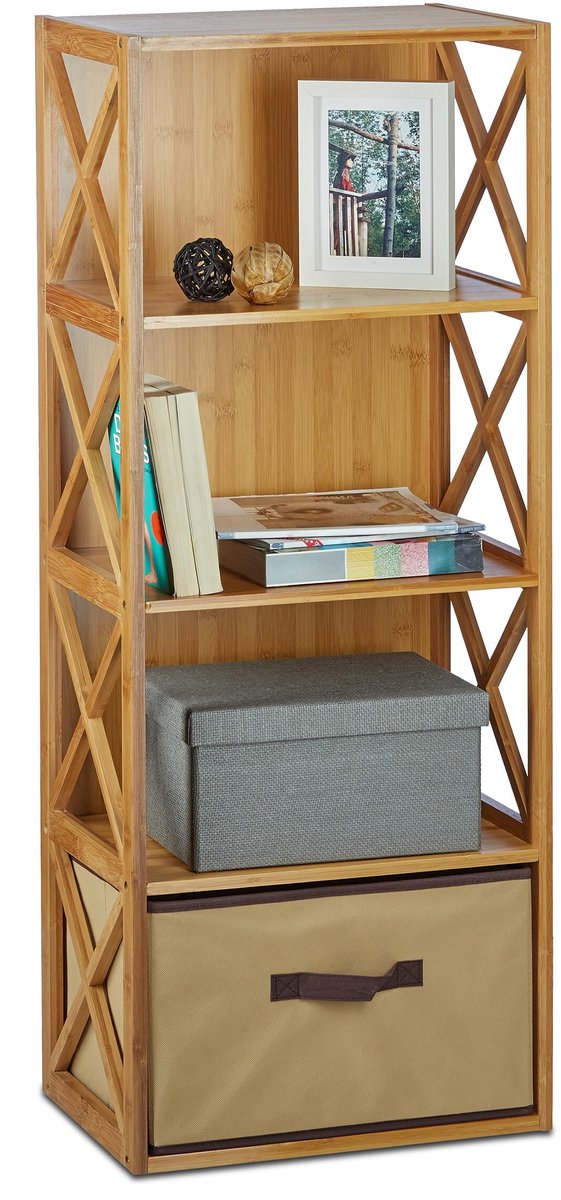 2x rek bamboe, met mand, 4 etages, staand badkamerrek, opbergrek keuken, HxBxD: 105 x 42 x 29 cm, naturel