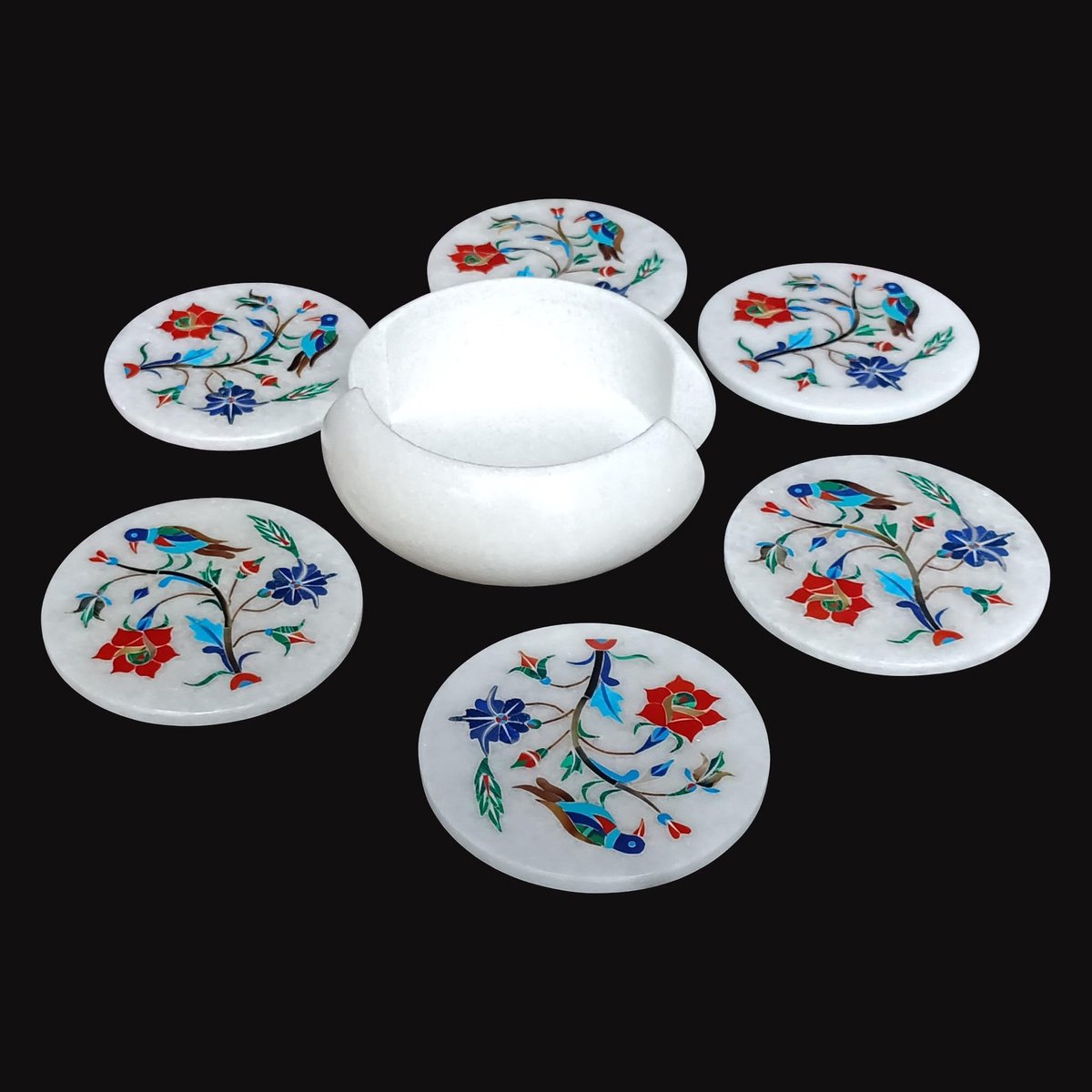 Handgemaakte marmeren onderzetter set met halfedelstenen inlay werk (6 onderzetters en houder, 4 inch)