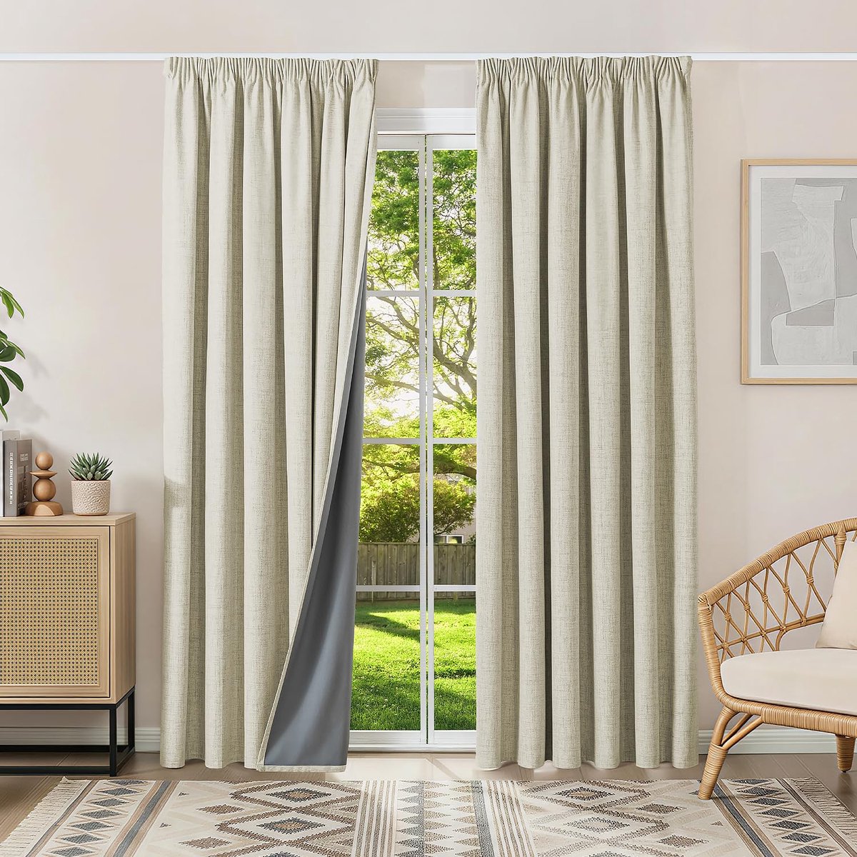 Verduisteringsgordijn, warmte-isolerend, koudebestendig, 2 x 200 x 200 cm (b x h), linnen, ondoorzichtig, met plooiband, voor rail, woonkamer, slaapkamer, huis, hittebescherming, lawaai
