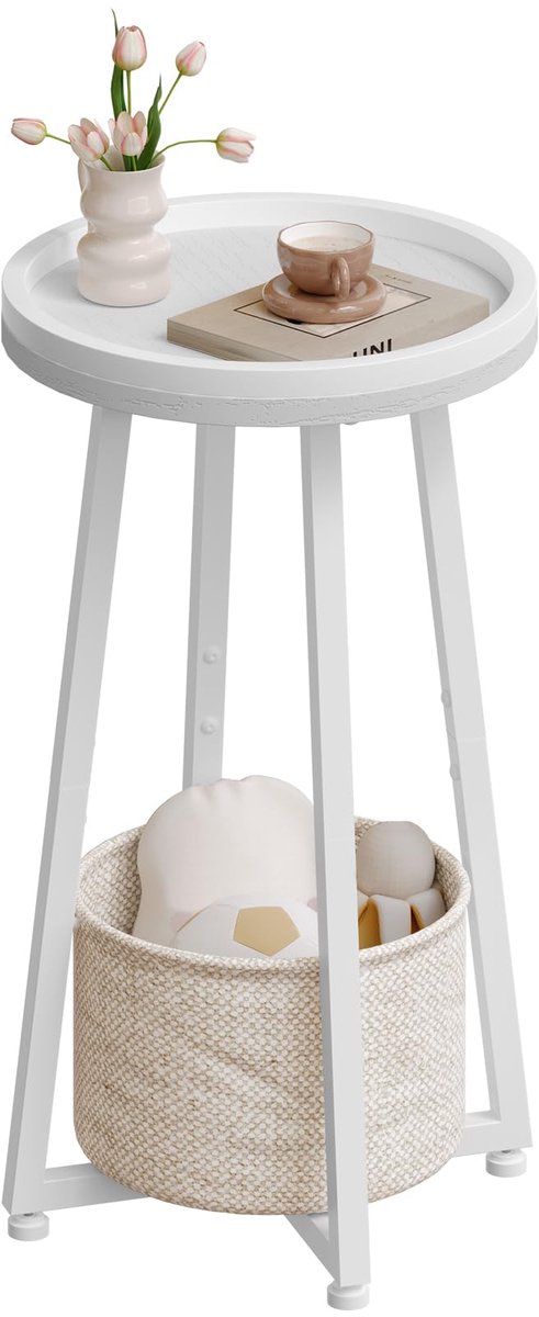 Ronde bijzettafel met 2 lagen, klein nachtkastje, salontafel, salontafel met opstaande rand en beige stoffen mand, voor kleine ruimtes, woonkamer, slaapzaal, wit EWW183BZ01