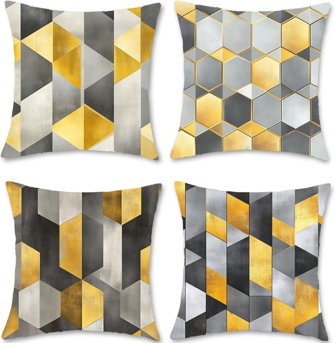 Grijze kussenhoezen, 50 x 50, set van 4, linnen kussens, geometrie, vierkant, decoratieve kussenslopen met onzichtbare rits, kussenhoes voor slaapbank, woonkamer, tuin, woondecoratie