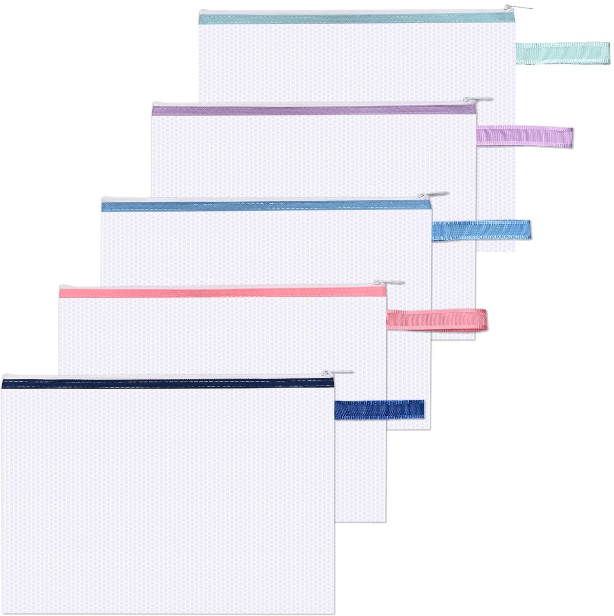 5 stuks mesh ritszakken, A4 waterdichte plastic documententas, ritszakje met handvat, kleurrijke vijlhouder met grote capaciteit, voor school kantoorbenodigdheden (bitterkoekjes)