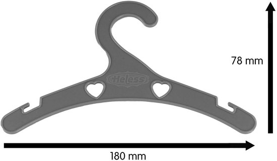 Grijze poppenkledinghanger van kunststof met hartjes en afmetingen 180mm x 78mm.