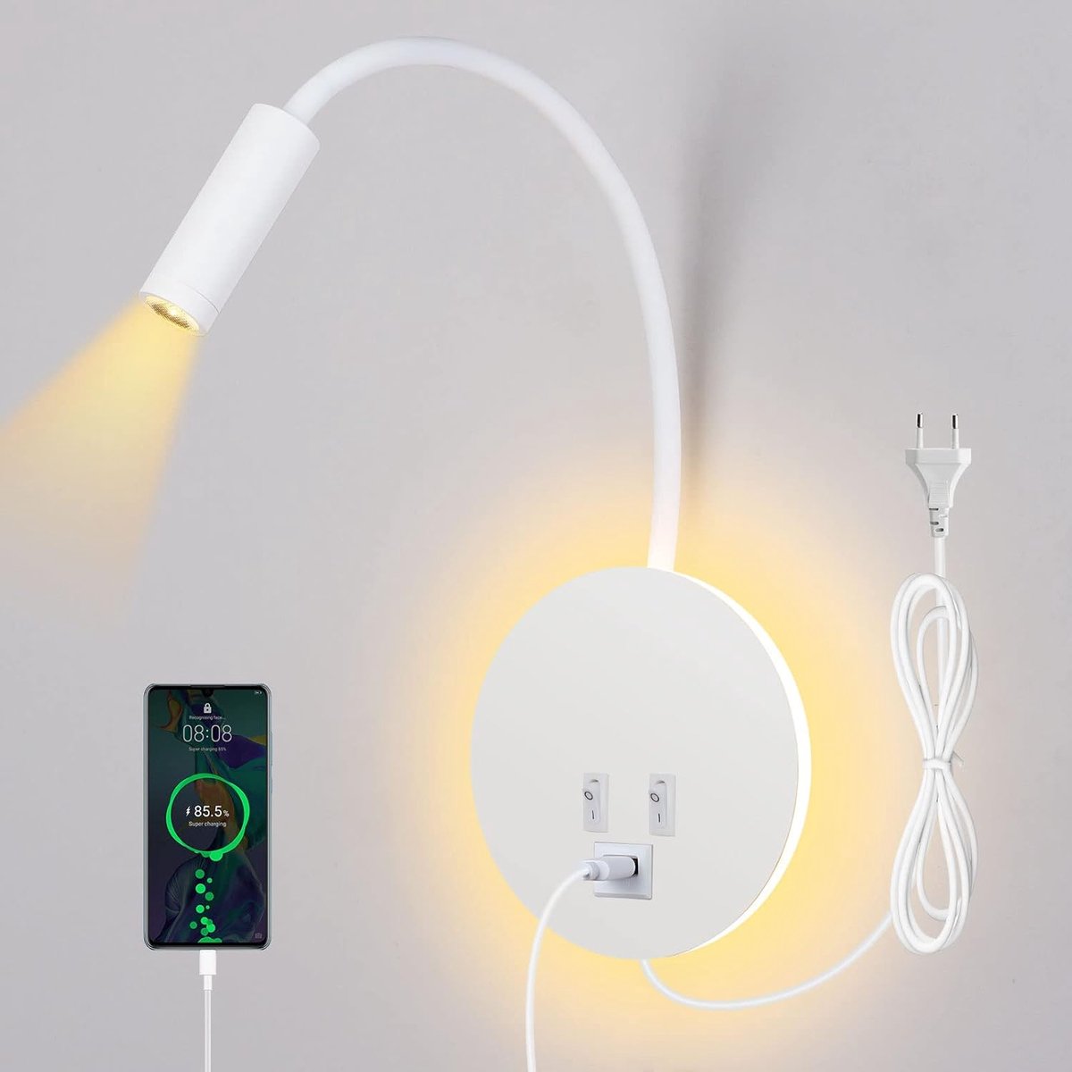 zurabini - LED Wandlamp - Muurlamp Met Leeslicht - Dubbele Lichtbron - 360 Graden Zwanenhals - USB Oplaadpoort - Aluminiumlegering - Mat Afwerking - Ruimtebesparend Design - 1 Stuk