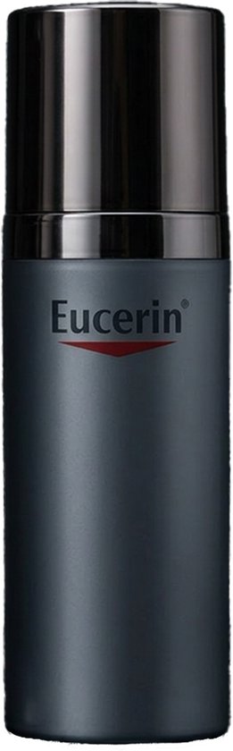 Mat grijs flesje Eucerin met donkere dop en rood Eucerin logo.
