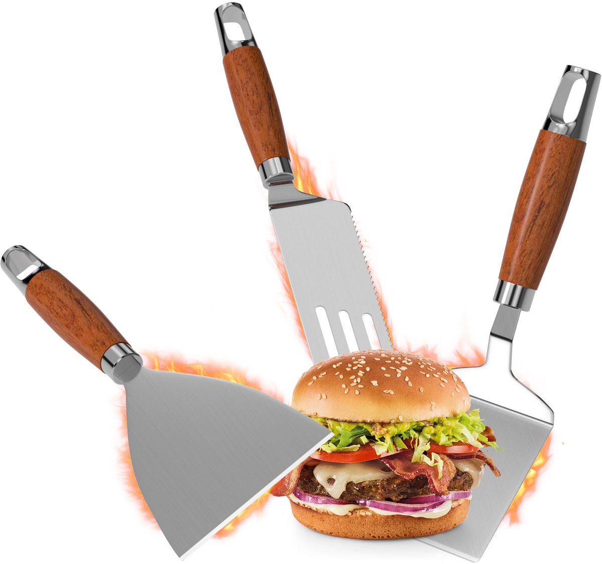 Spatel set 4-delig Plancha spatel Plancha accessoires met grote grillspatel Pizzaspatel voor smashburgers Vissteaks Keuken Koken Teppanyaki Barbecue Pizza | 4 stuks, 430 staal, antislip ho