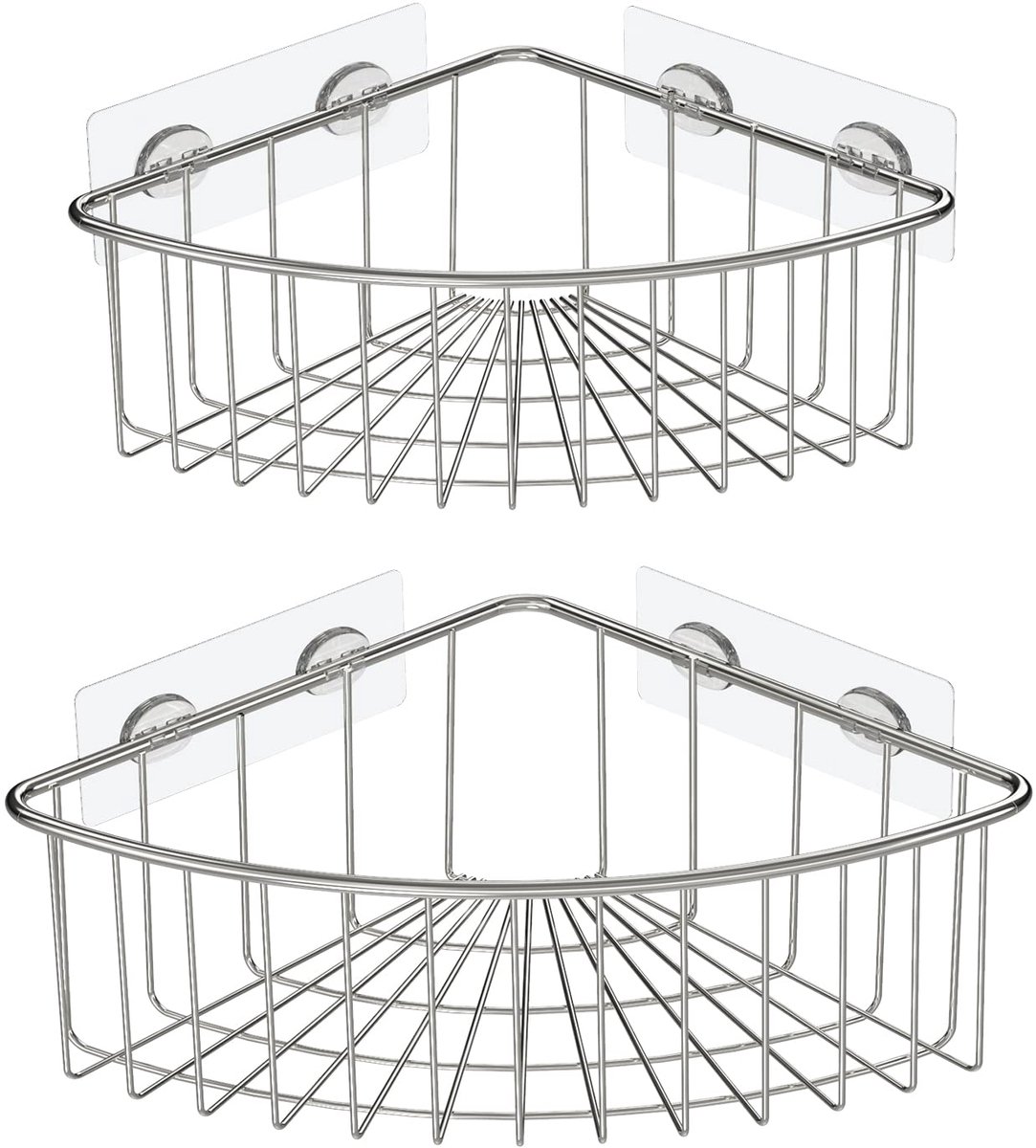 Hoekdouche Caddy Diepe Mand, Wandmontage Badkamer Plank, Roestproof Opslag Organizer Zelfklevende Douche Caddy Mand voor Badkamer, Toilet en Keuken 2 Pack (Zilver)