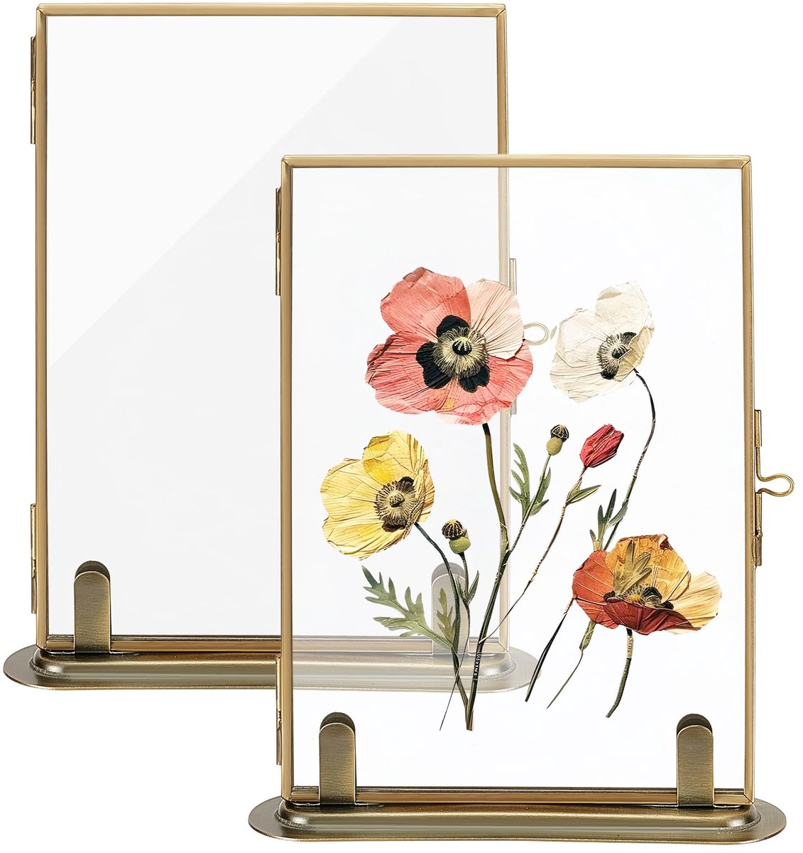 2 stuks gouden zwevende fotolijst, dubbel glas geperst bloemframe met standaard, vintage messing tafelblad fotolijsten voor doe-het-zelf gedroogde bloemen plant specimen bruiloft