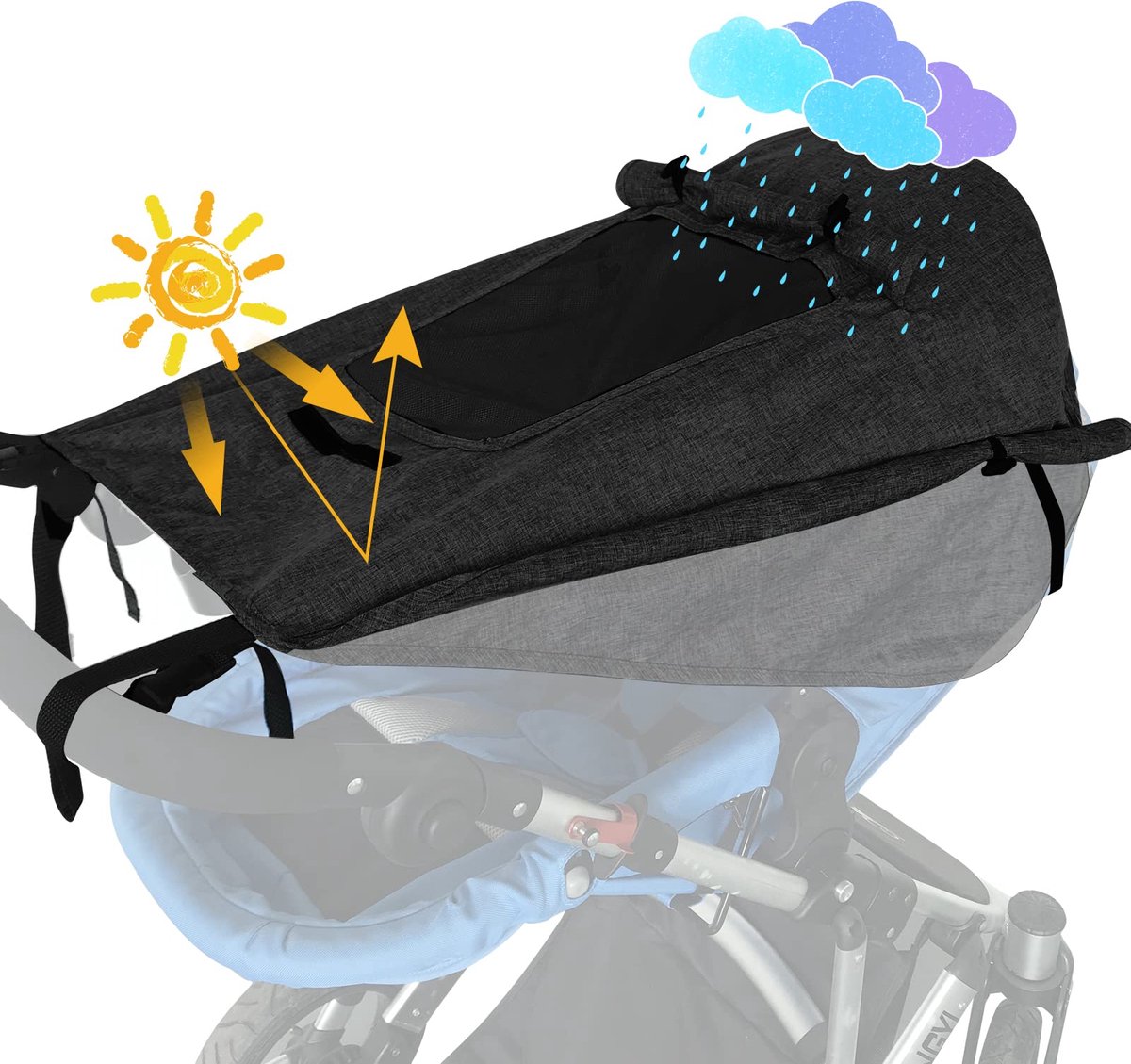 Zonneklep voor kinderwagen, zonnedak voor reiswieg, buggy, UV 50+, verstelbare zonwering, met opbergtas, universeel zwart