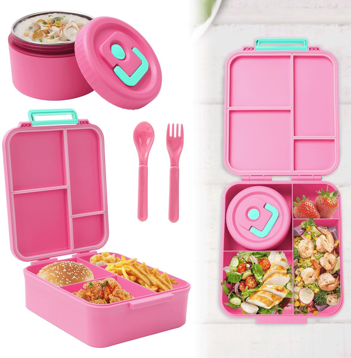 Lunchtrommel set met 320 ml thermocontainer voor eten, broodtrommel met 4 vakken, lekvrije lunchbox met bestek, geïsoleerde lunchtas, thermische lunchbox voor school, uitstapjes (roze)