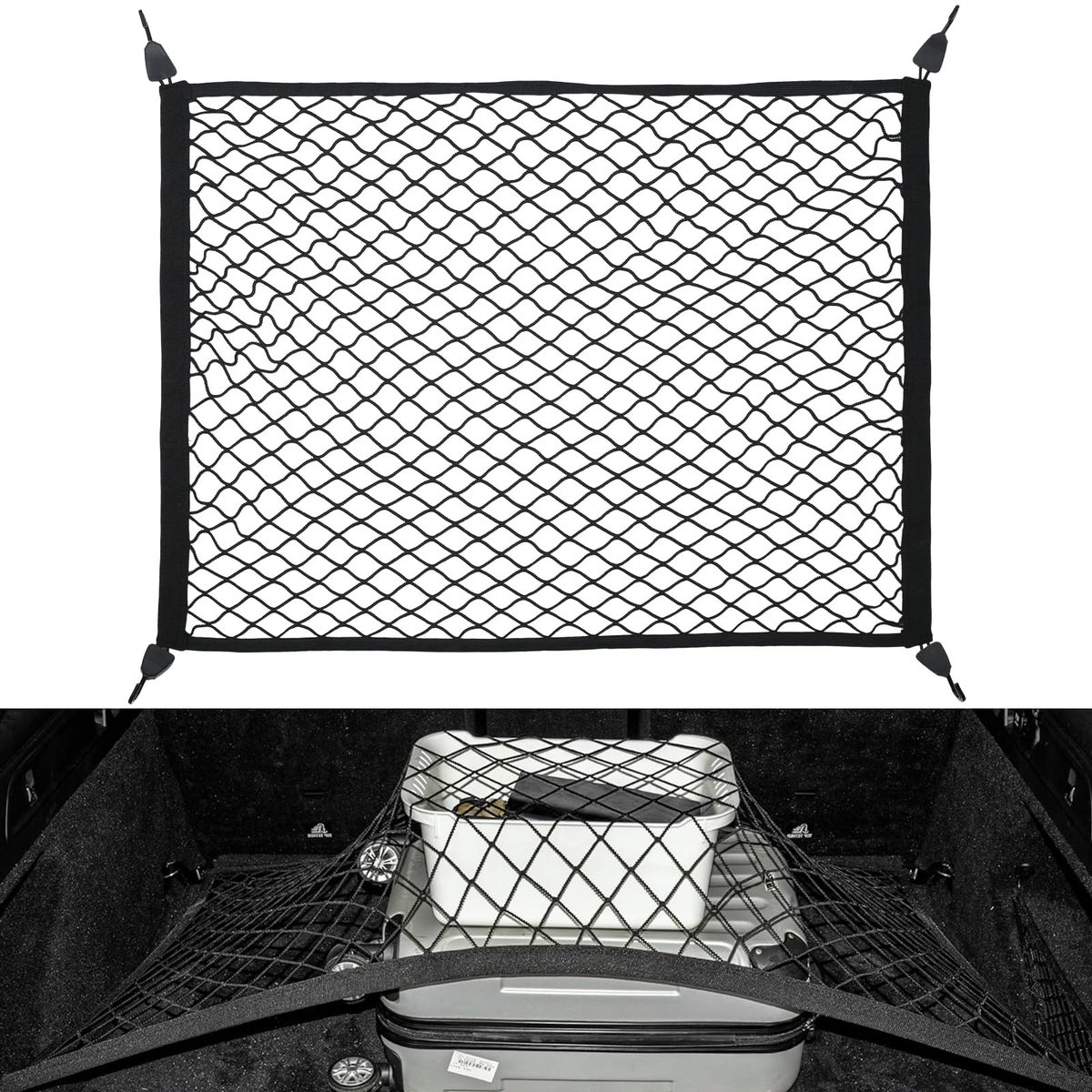 Dailygoods - 1 stuk bagagenet auto, kofferbaknet, organizer-net voor de kofferbak met 4 haken, elastisch bagagenet voor de meeste auto’s, camper – scheidingsnet voor ladingfixatie (80 × 60 cm)