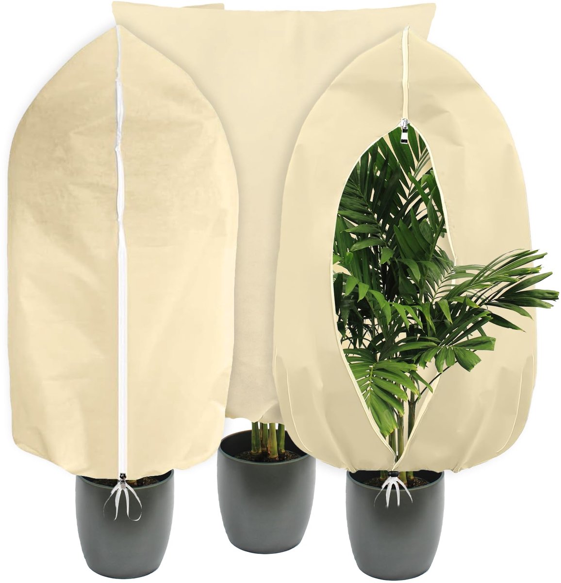 3 stuks winterbescherming voor potplanten, 80 x 100 cm, met ritssluiting, trekkoord, ademend, scheurvast, herbruikbaar, palmen, winterbescherming voor pot- en kleine planten