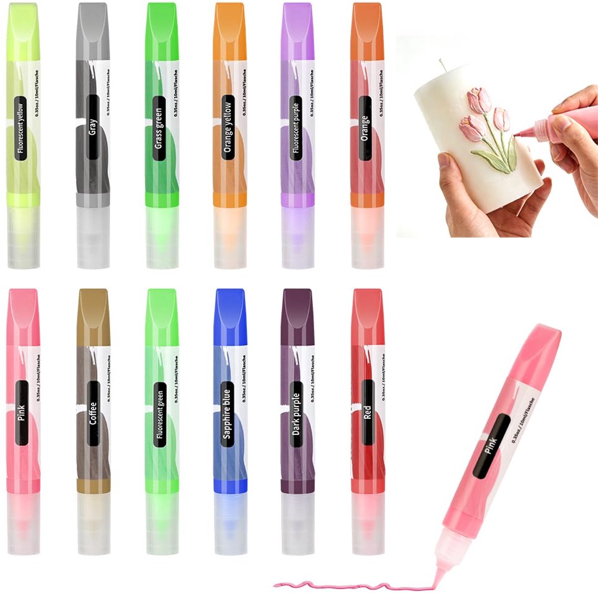 Kaarsenstiften à 10 ml heldere kleuren, 12 kaarsen zelf maken, 12 stuks kaarsenstiften, keramische beschilderset, doopkaars zelf maken, kaarsenpen voor kaarsen
