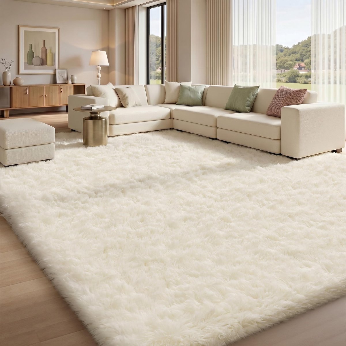 Lemon Hoogpolig tapijt 160x230cm, Crème, tapijt, woonkamer,wasbaar, antislip, extra groot, slaapkamer, pluizige moderne tapijten, mat tapijten voor slaapkamer en kinderkamer