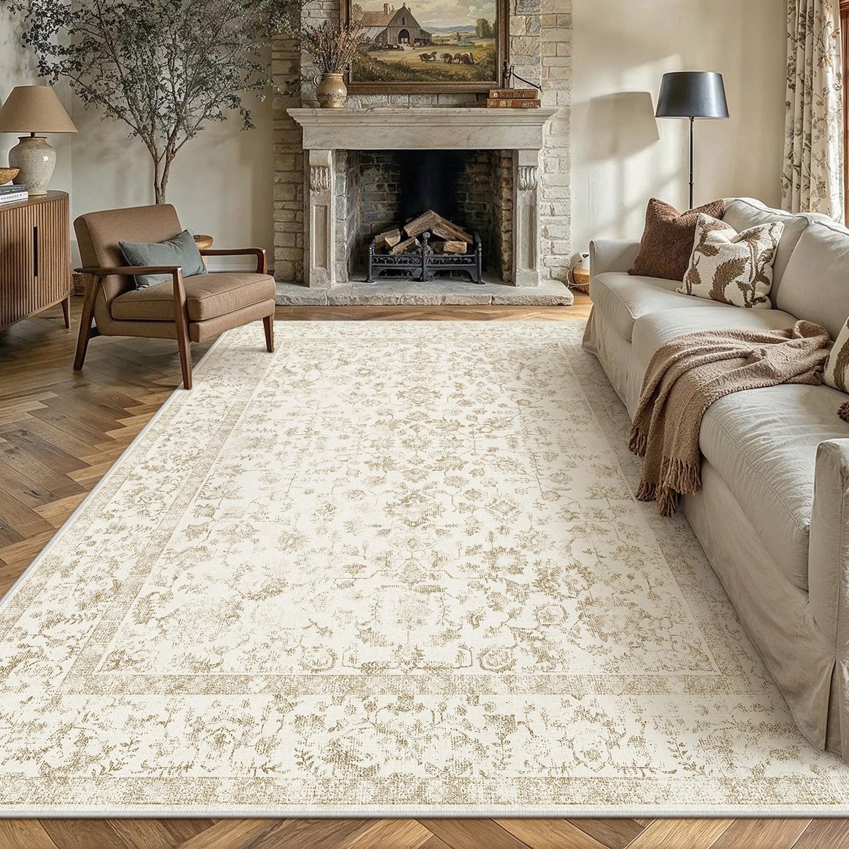 Tapijten Woonkamer 200x300 cm Groot Vintage Wasbaar Antislip Vloerkleed Retro Floraal Lichtgewicht Tapijt voor Slaapkamer Eetkamer Hal Lounge Kantoor Binnen Huisdecoratie, Bruin