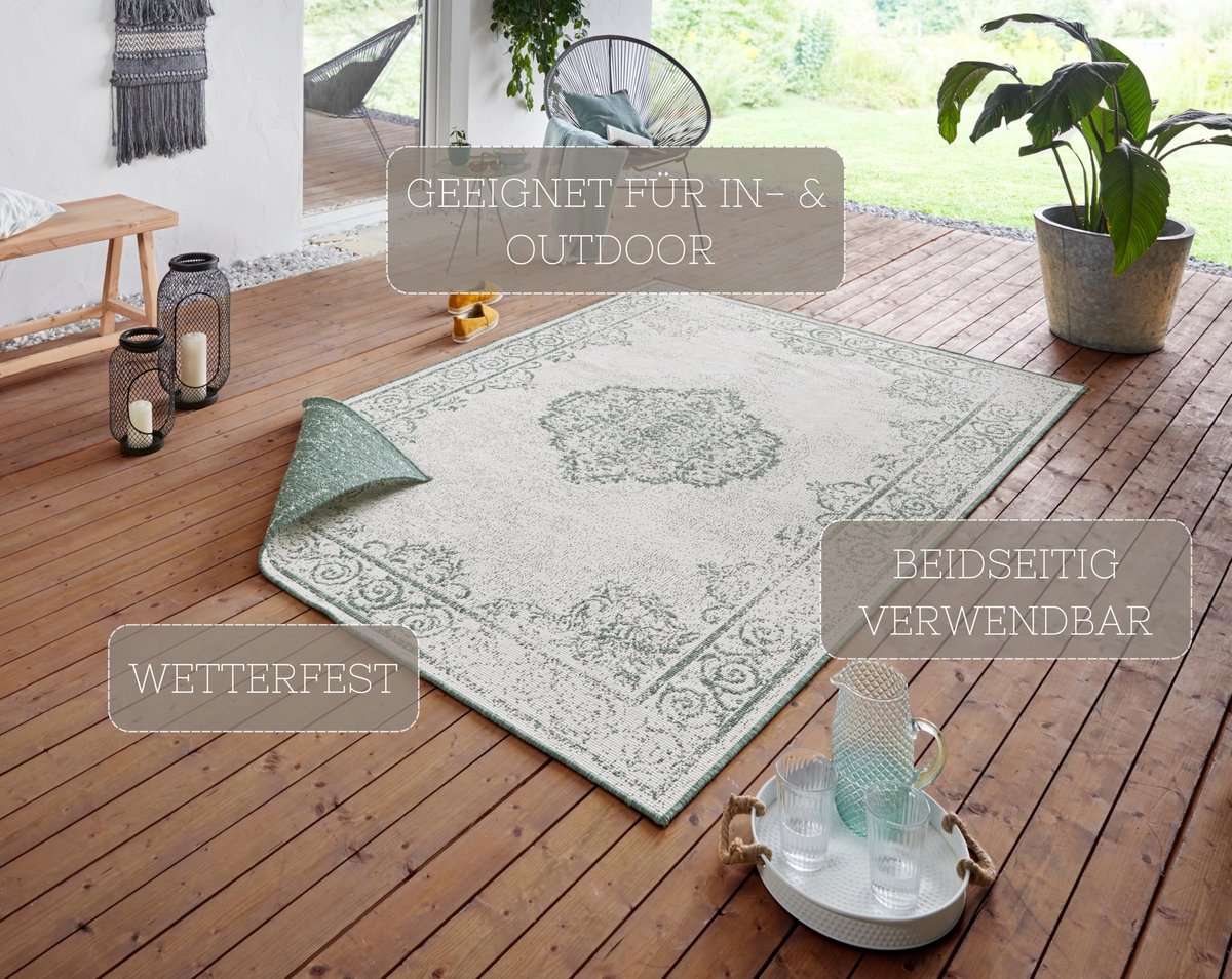 Cebu tapijt voor binnen en buiten, omkeerbaar tapijt, weerbestendig, Oosters vintage design, loper voor balkon, terras, tuin, serre, woonkamertapijt, waterdicht, in groen-crème, 160 x 230 cm