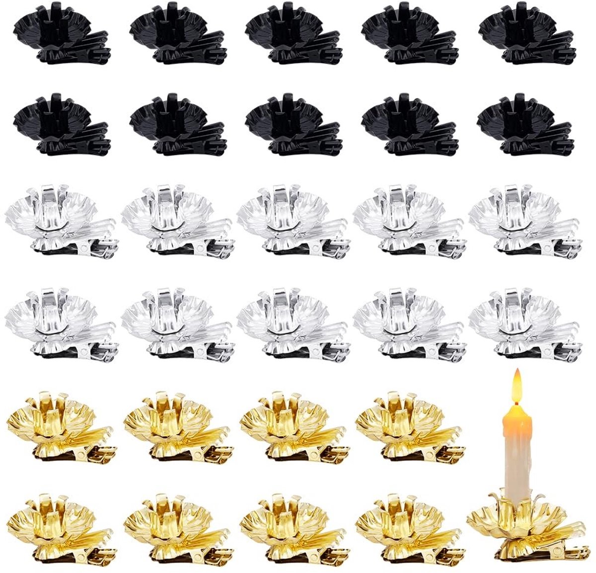 Dailygoods- Kaarsclips 36 Stuks - Kaarsenhouders voor Kerstboom - Clip-on Ontwerp - Hoogwaardig IJzer - 2 Maten voor 5mm/15mm Kaarsen - Zilver/Goud/Zwart