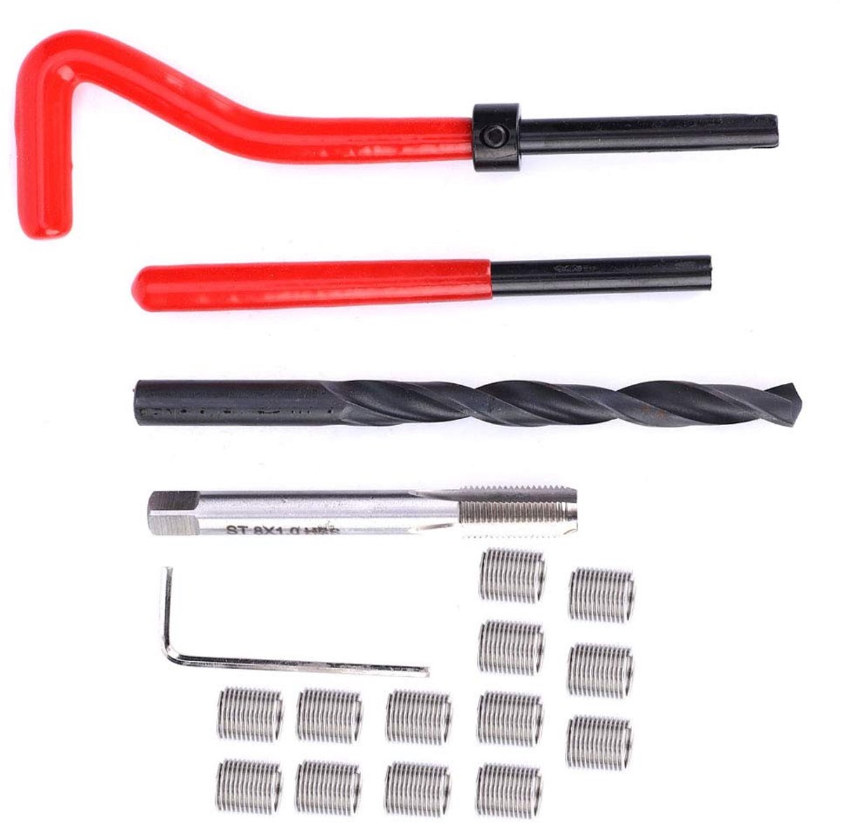 Dailygoods- Schroefdraadreparatieset 20-delig - M8x1 Tapset - Roestvrij Staal - Reparatie-inzetstukken - Inclusief Spiraalboor/Sleutel - Slijtvast en Nauwkeurig - Draadreparatieset