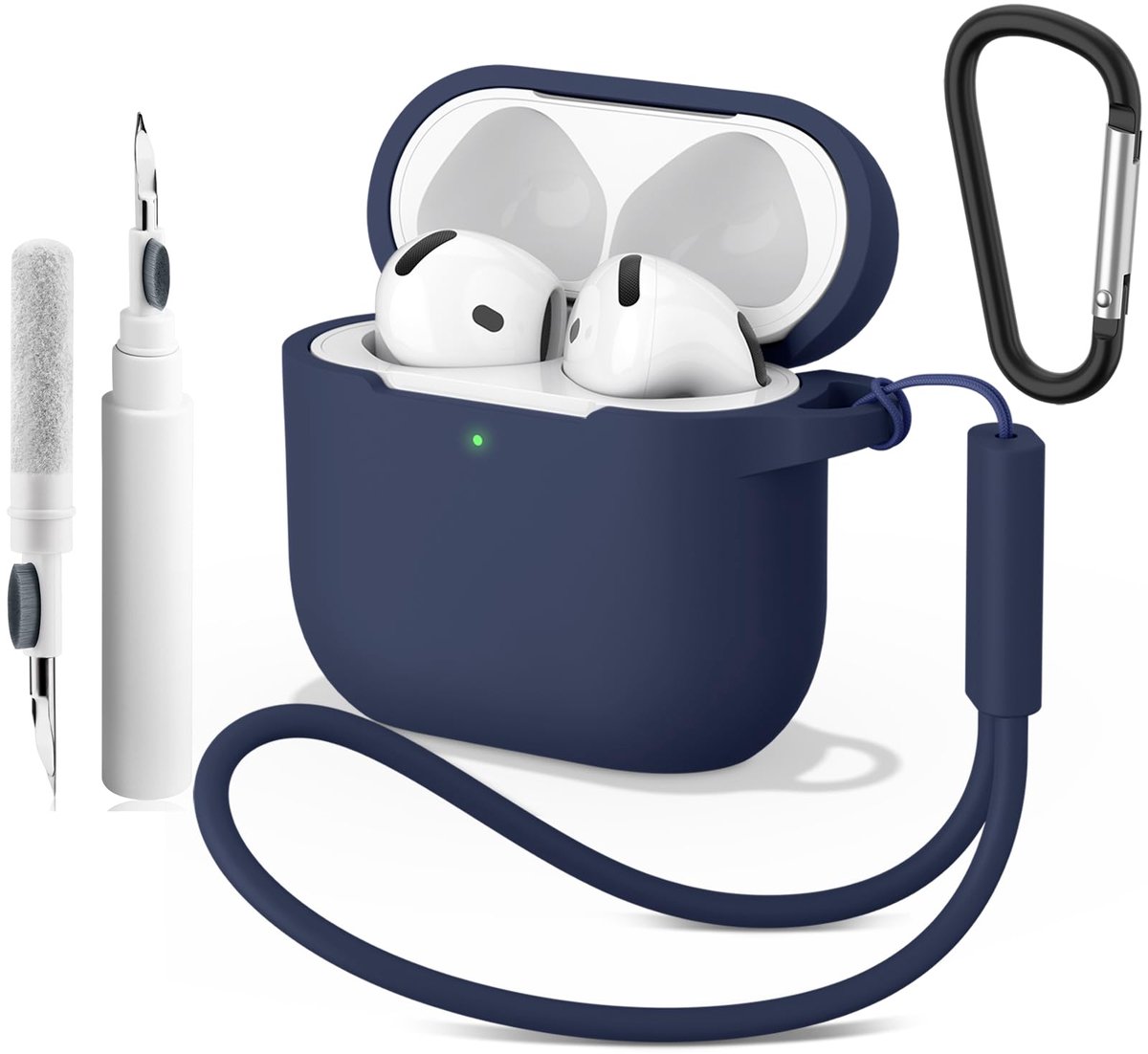 hoes voor AirPods 4 (2024) met reinigingsstift en karabijnhaak en koord, 2 mm dunne hoes, stootvast, krasbestendige beschermhoes, 4-in-1 kit Air Pods 4e generatie case accessoires
