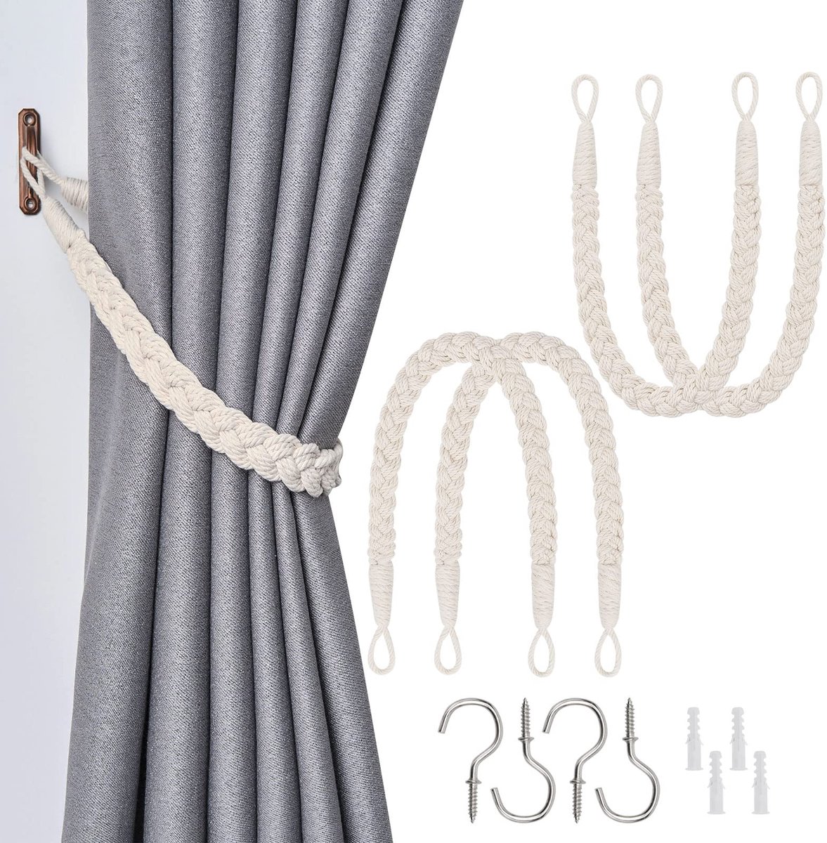 Jolly Set van 4 natuurlijk katoenen touwgordijn Tiebacks Elegante Boho Stijl Decoratieve Draperie Ruggen Zachte Handgeweven Touw Gordijn Holdbacks met Metalen Haak voor Thuis & Kantoor Drap