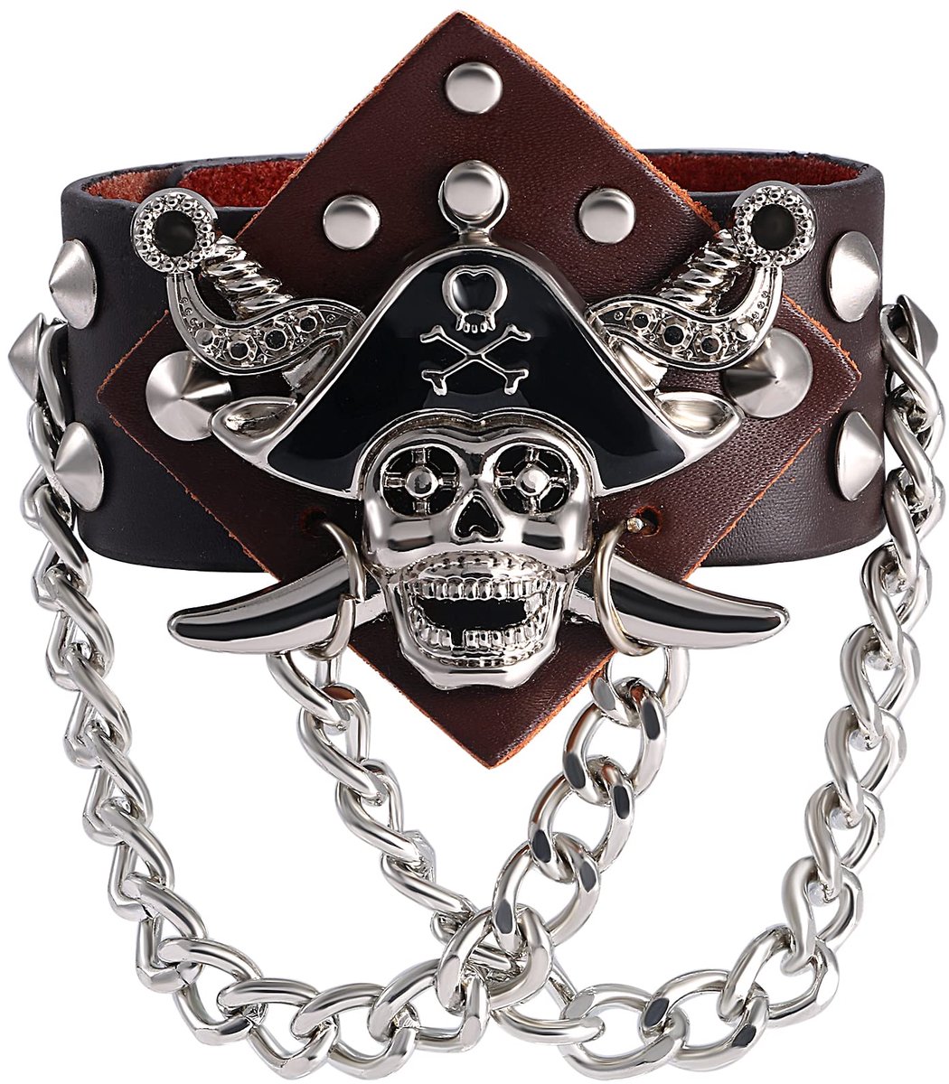JewelryWe Brede leren herenarmband, gothic, punk, vloek van het Caribisch gebied, kapitein, schedel skelet, handleer, manchet, armband, armband voor mannen en jongens, 21.5 centimeters, Kunstleer