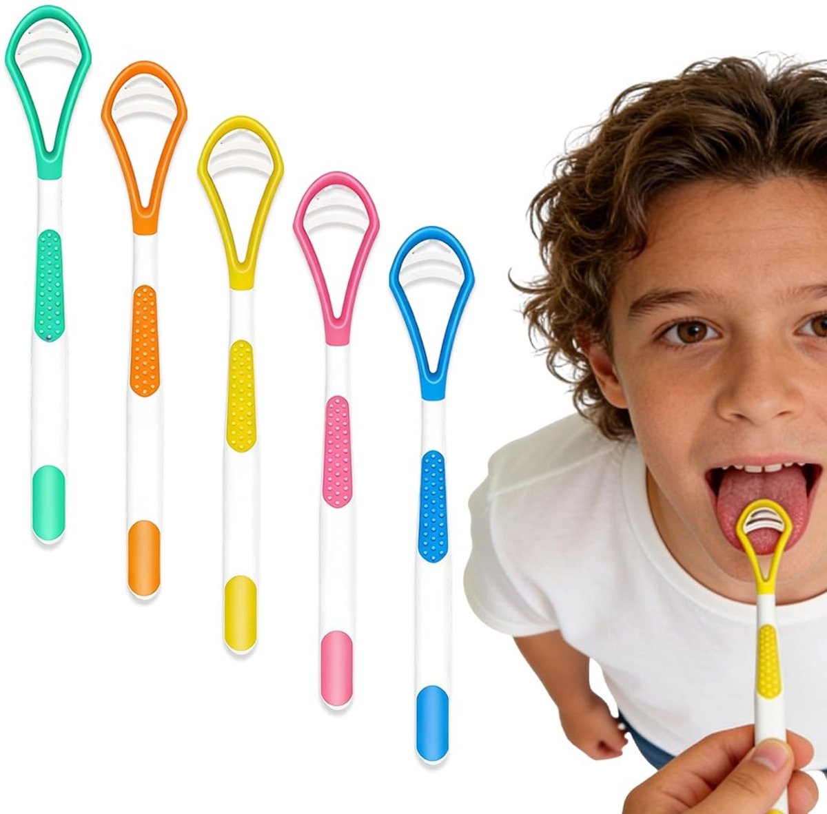 Dailygoods - Professionele 5-delige tongreinigerset, tongschraper in 5 kleuren voor het hele gezin, mondreiniger voor frisse adem, verwijdert bacteriën en plaque, ergonomisch design