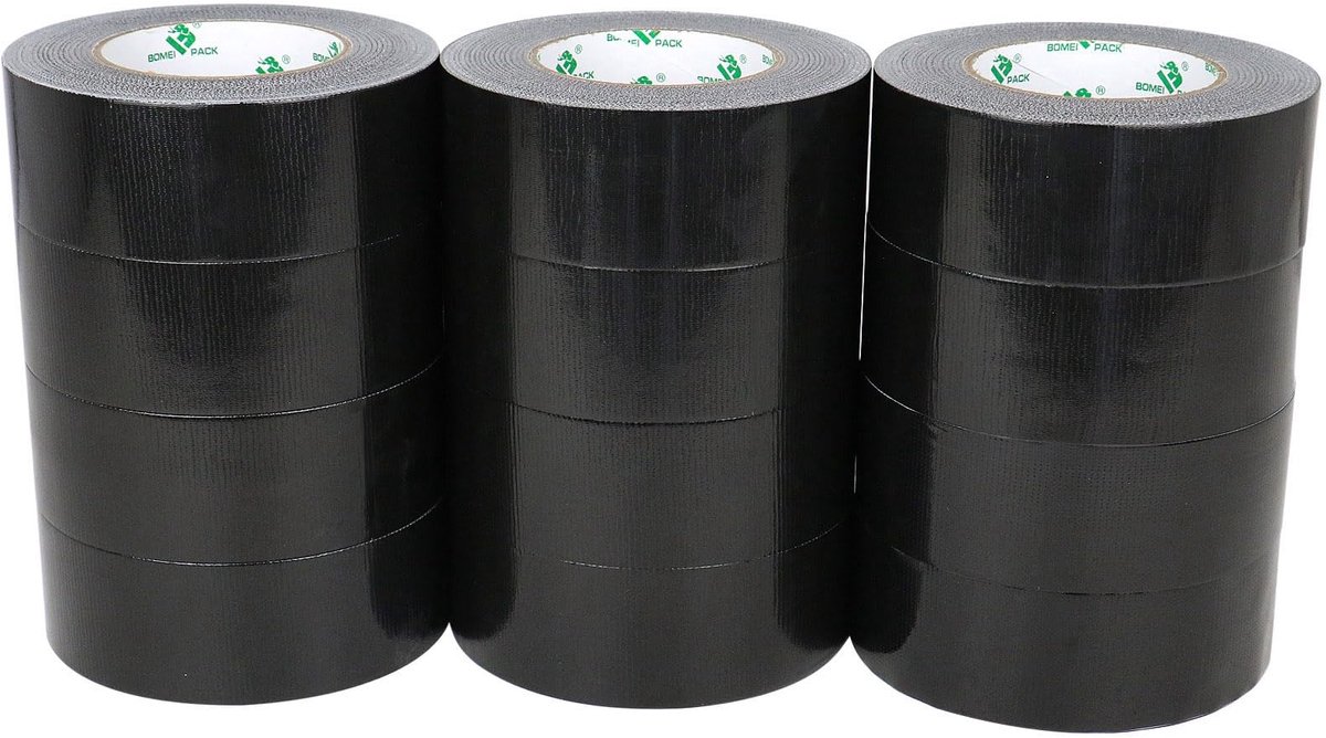 Dailygoods - BOMEI PACK 12 rollen zwart pantsertape - 50 mm x 50 meter, sterk klevend - met de hand te scheuren - versterkt weefsel - kleur: zwart - textieltape | -pantserband reparatietape