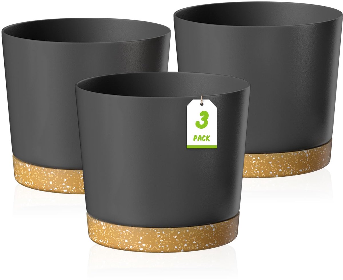 30cm Plant Potten, Moderne Plantenbakken met Afvoergaten en Afneembare Schotel, Plastic Bloempotten voor Planten voor Huis Tuin Vensterbank (Donkergrijs, Set van 3)