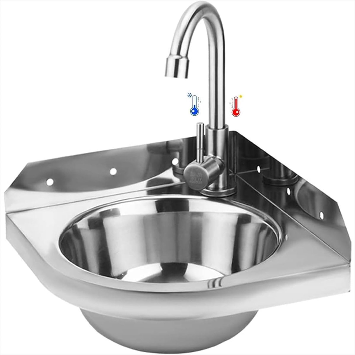 Spoelbak van roestvrij staal, keukenspoelbak, 1 wastafel, wandmontage met kraan, koud/warm, driehoekige hoek, handwastafel, uitloopwastafel voor keuken, badkamer, gastentoilet, camper, gemakkelijk te