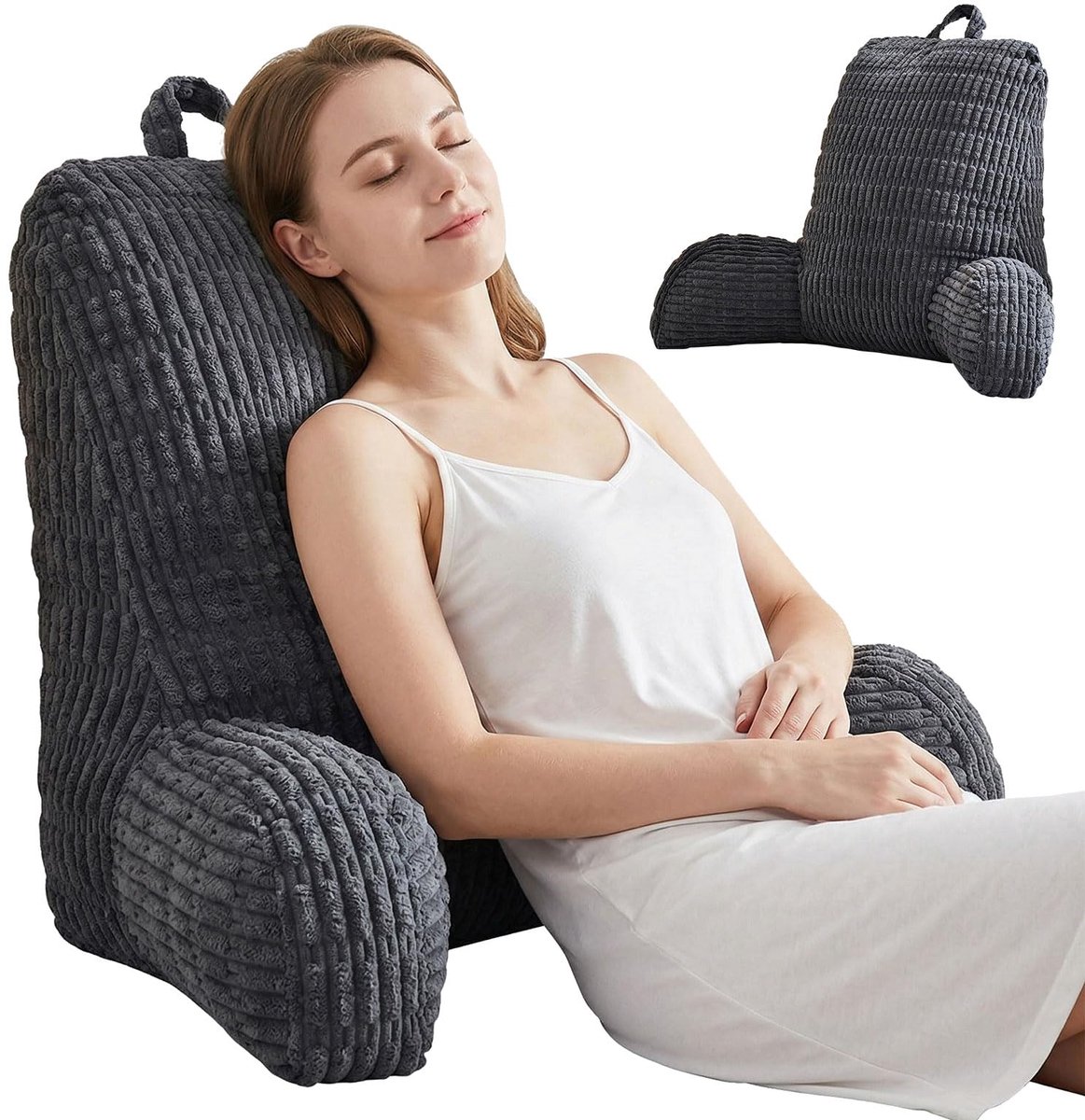 Rugkussen voor bed en bank, rugkussen voor volwassenen, ergonomisch steunkussen voor zitten, lezen en tv kijken (Grijs)
