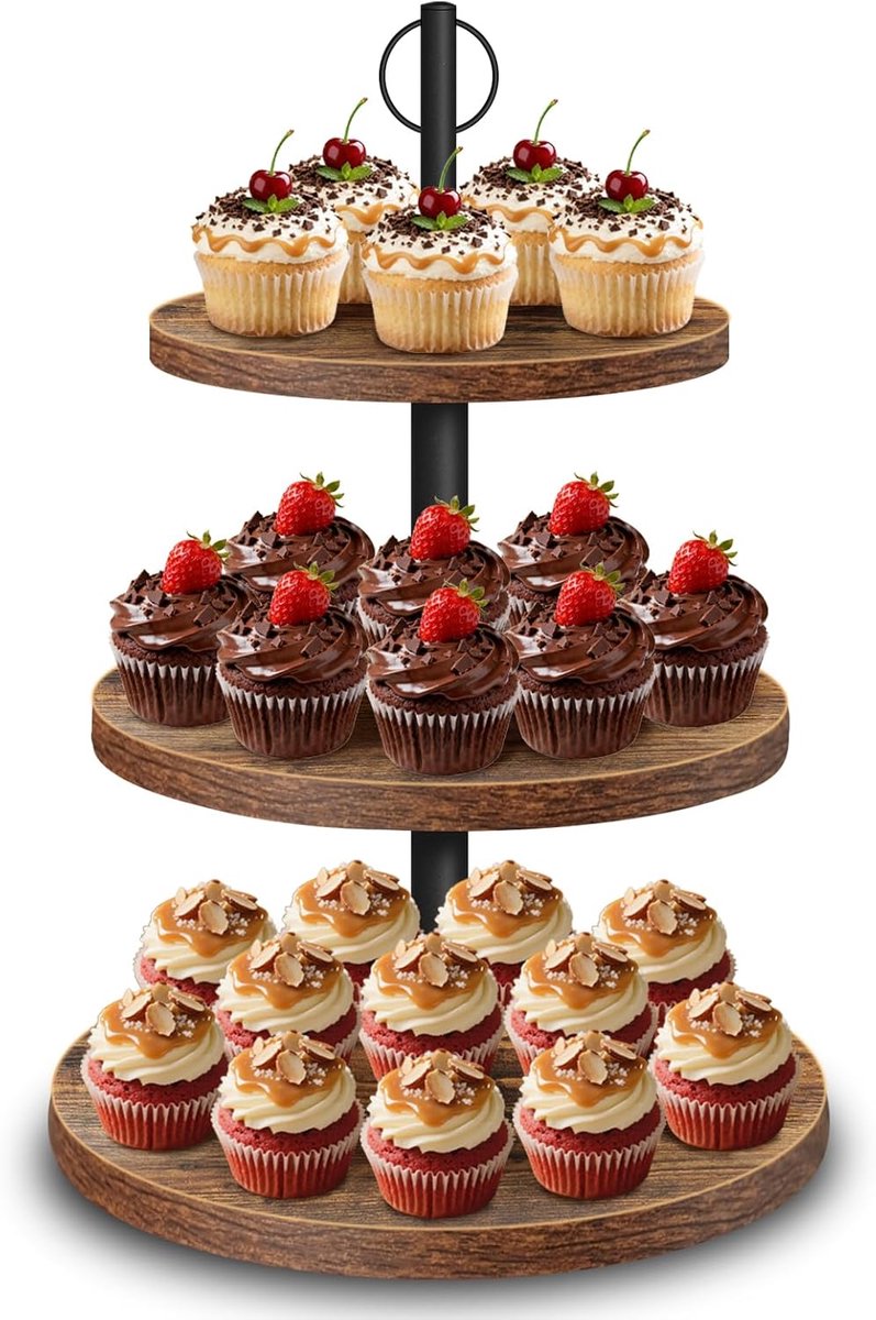 3 verdiepingen van hout – Grote cupcakestandaard Ø 30/25/20 cm, taartstandaard & cakestand voor muffins, taarten, desserts, bruiloft, feest, verjaardag, babyshower 1 stuk
